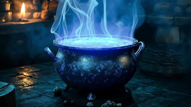 Cauldron with glowing magical potion isolated on a dark foggy in wizards workshop, Magic Potion	
