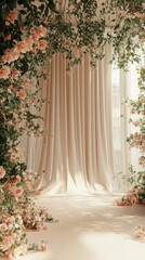 Fototapeta premium Floral backdrop featuring a variety of roses surrounded by lush green foliage for vibrant decor