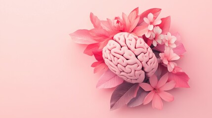 3d render of human brain in leaves and flowers on pink background. Banner with copy space. Concept for neurology, psychiatry, mental health. Prevention of brain diseases. World Alzheimers Month.