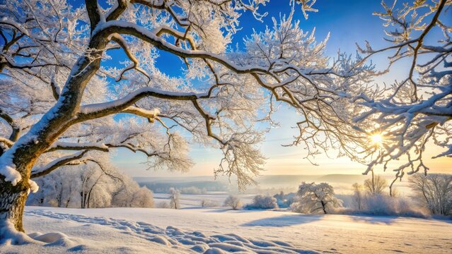 Frosty tree branch with intertwined bare winter trees and snow-covered landscape , frosty, winter,  frosty, winter, scenery