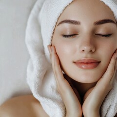 Woman with a towel on her head relaxing at home after a bath or shower