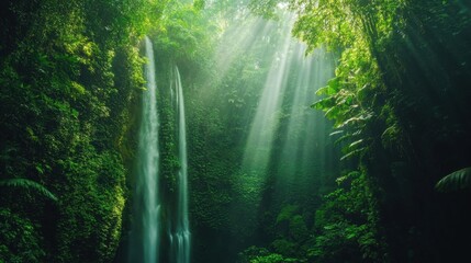 Obraz premium A deep jungle canyon filled with dense greenery, waterfalls cascading into a pool below, and sunlight streaming through the foliage.