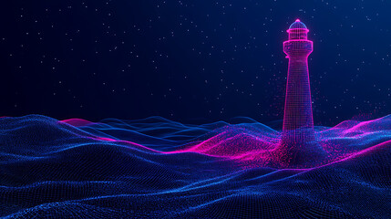 Glowing Lighthouse on a Digital Seascape at Night