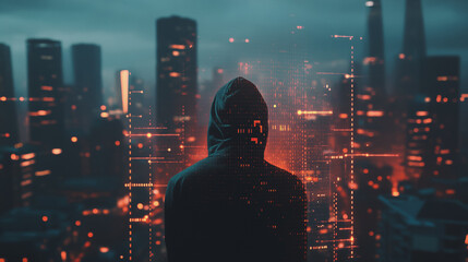 Fototapeta premium Hacker are planning to hack and attack networks and cyber security systems..Smart Innovation city with connection cyber security network reciprocity over the cityscape . future wireless digital city 