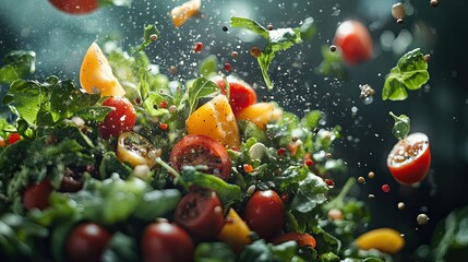 Vegetable Salad with Flying Ingredients, Representing Healthy Living 