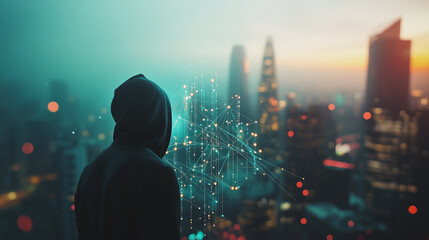 Fototapeta premium Hacker are planning to hack and attack networks and cyber security systems..Smart Innovation city with connection cyber security network reciprocity over the cityscape . future wireless digital city 