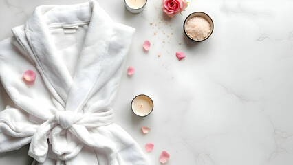  Spa Day Relaxation: White Robe, Candles, Rose, and Bath Salts
