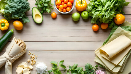 Fresh and Colorful Vegetables and Ingredients on Wooden Background
