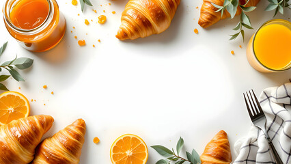  Bright Breakfast Scene: Croissants, Orange Juice, and Marmalade on White
