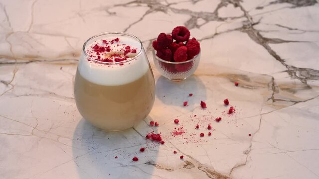Coffee latte cappuccino with raspberry 