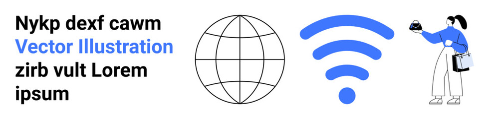 Globe symbolizing worldwide connection, wireless signal, and a person using a smartphone. Ideal for technology, communication, global business, networking, remote work, digital tools flat landing