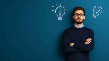 A thoughtful young man wearing glasses and a blue shirt with a dark pullover stands against a blue background featuring light bulb illustrations, representing innovation and creativity.