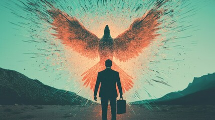 Man in Suit Standing Before Majestic Phoenix Rising from Ground in Artistic and Colorful Landscape