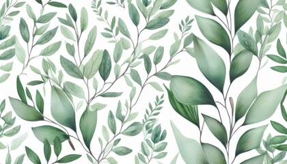 Fototapeta premium Vibrant Watercolor Floral Composition A Lush Arrangement of Green Leaves and Branches Against a Pristine White Background, Perfect for Artistic Decor and Design Inspiration.