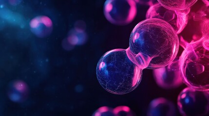 Abstract 3d banner with luminous glass spheres connected by fibers. Geometric dark wallpaper with molecular plexus mesh with copy space for text. Design concept for modern IT technologies, medicine 