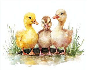Three adorable ducklings stand together in a grassy patch, showcasing their fluffy feathers in shades of yellow and brown.
