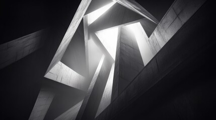 Abstract concrete structure, glowing light, dark background, architectural design, modern art