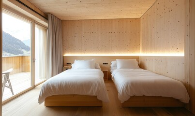 Modern wooden twin bedroom with mountain view.