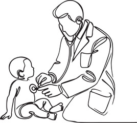 Pediatrician Line Drawing with Stethoscope on Toddler