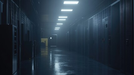 Dark hallway, metallic doors, dim light, mysterious atmosphere, sci-fi setting
