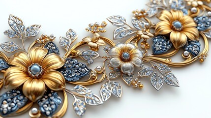 Fototapeta premium Ornate floral jewelry design featuring gold and silver elements with blue accents