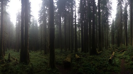 Obraz premium Misty Evergreen Forest Panoramic View of Ancient Trees
