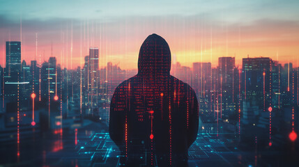 Hacker are planning to hack and attack networks and cyber security systems..Smart Innovation city with connection cyber security network reciprocity over the cityscape . future wireless digital city 	
