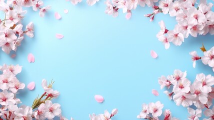 Obraz premium Frame with blooming cherry blossoms on blue sky background. Spring Hanami Japan festival banner concept. Close up blooming sakura in spring season. Hana Matsuri nature flowers festival with copy space