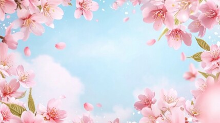 Fototapeta premium Frame with blooming cherry blossoms on blue sky background. Spring Hanami Japan festival banner concept. Close up blooming sakura in spring season. Hana Matsuri nature flowers festival with copy space
