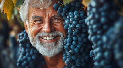 Obraz premium Smiling Winemaker Amidst Abundant Grapes