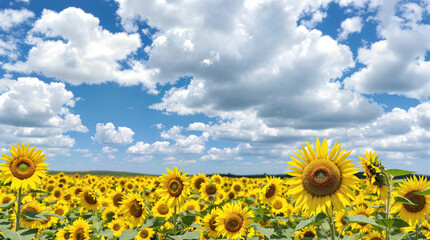 Obraz premium a vibrant sunflower field under a blue sky and white clouds.