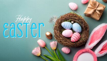 Happy Easter Poster Design wit Easter Eggs and Bunny