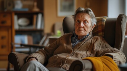 Fototapeta premium An elderly person sits in a cozy armchair, gazing into the distance in a familiar living room, reflecting the emotional impact of memory loss and the challenges of dementia