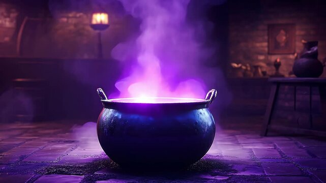 Cauldron with glowing magical potion isolated on a dark foggy in wizards workshop, Magic Potion	
