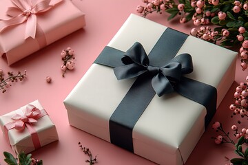 Light Teal Gift Box and White Frame on Pink Textured Background