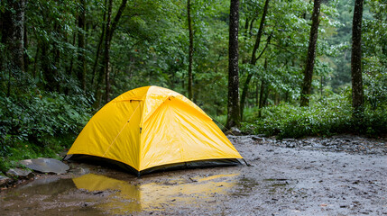 Rainy forest camping; yellow tent; muddy ground; outdoor adventure