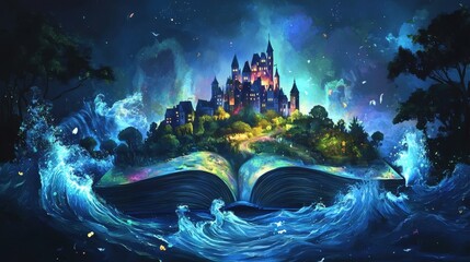 Open magic fairy tale book with fantasy landscape, castle, waves. Fantasy and imagination concept design. Children's book with magical world inside. World Book Day. International Education Day. © ddaremmth