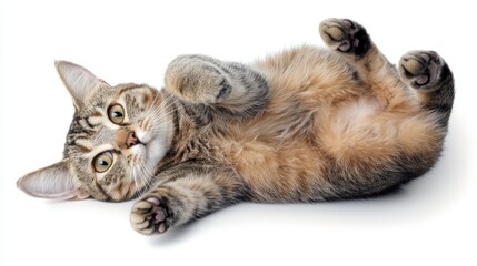 A tabby cat lying on its back with paws stretched upward, enjoying a playful moment on a white surface