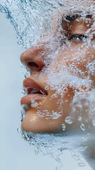 Fototapeta premium Close-up of a womans face partially submerged in water with droplets cascading down her skin