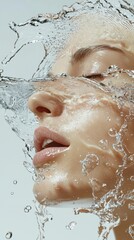 Close-up of a womans face partially submerged in water with droplets glistening on the skin