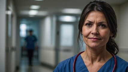 A female doctor stands in a hospital corridor, looking directly at the camera. She wears scrubs and a stethoscope.
