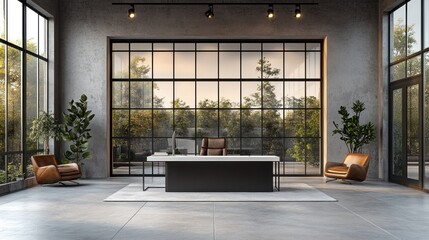 Obraz premium Modern office interior with large windows, leather chairs, and a sleek desk.