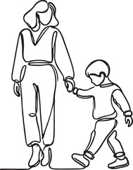 Line Drawing of Young Boy Walking with Mother