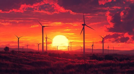 Obraz premium A wind farm with turbines spinning at sunset, orange and pink sky, realistic lighting 