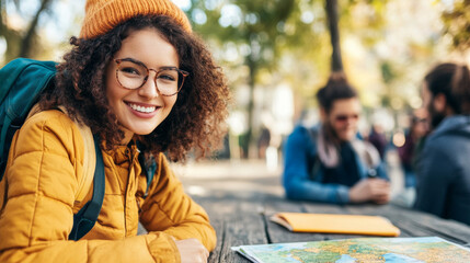 Young woman with curly hair and glasses smiling at the camera while seated at a park table with a map, surrounded by friends outdoors in a social and relaxed setting.