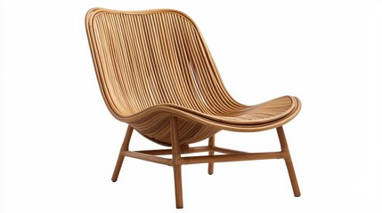 A stylish, modern lounge chair crafted from woven rattan with a unique curved shape, perfect for adding a contemporary touch to any living space.