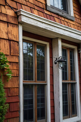 Obraz premium Charming Rustic House Exterior with Weathered Wood Siding and Vintage Windows. Classic Architecture and Real Estate Photography