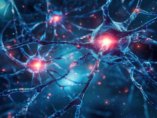 Illustration of neurons with red and blue nerve cells representing neural connections
