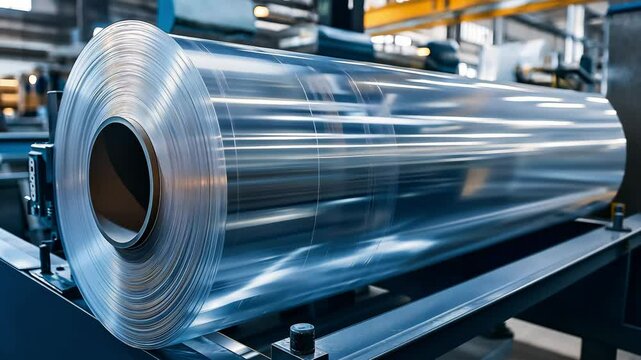 A large roll of transparent plastic film on a machine in a modern industrial manufacturing facility	

