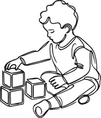 Adorable Toddler Playing with Blocks in Line Art